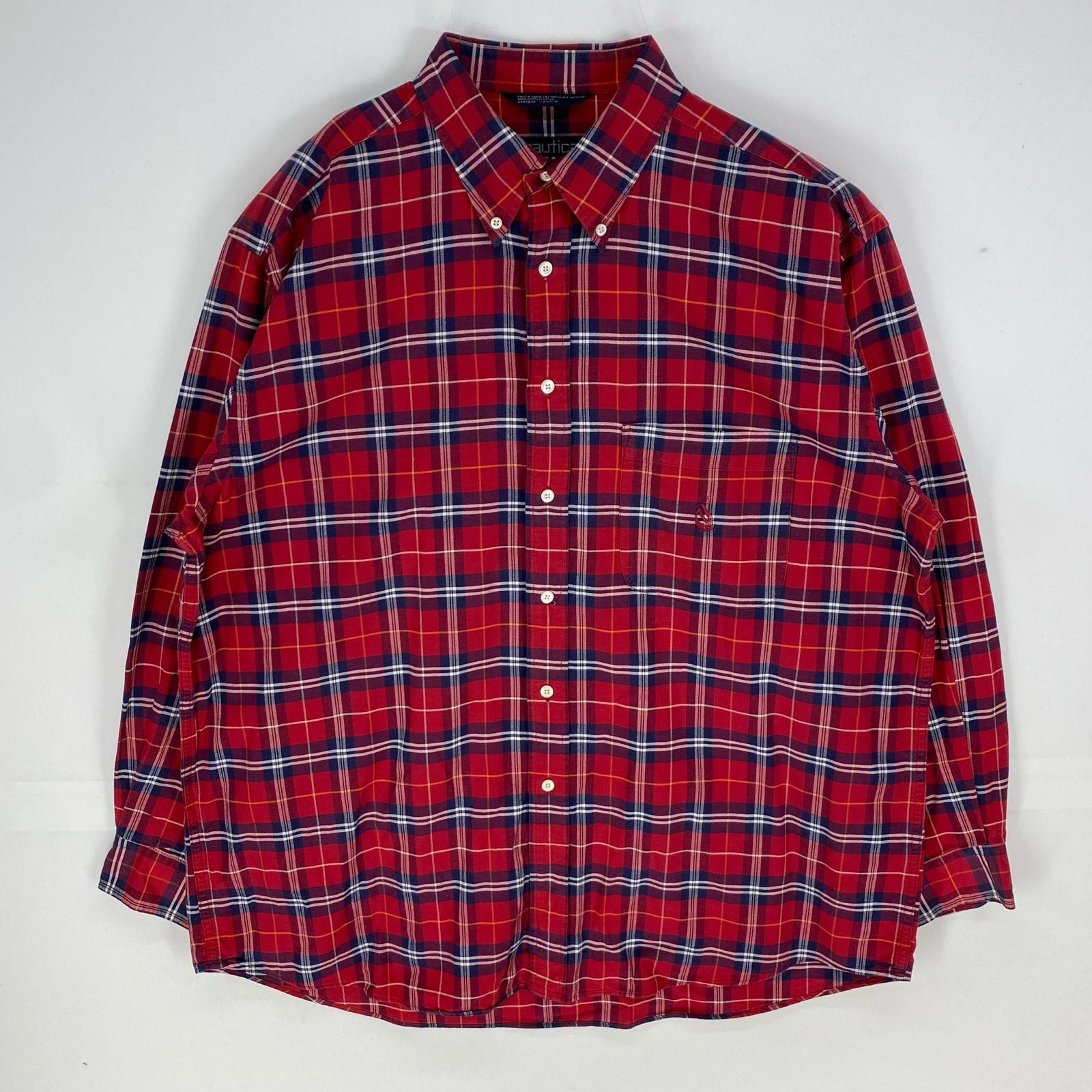 古着 90's/90年代 ノーティカ NAUTICA 長袖シャツ 刺繍ロゴ ワンポイント ロングスリーブ XL  レッド系 チェック メンズ