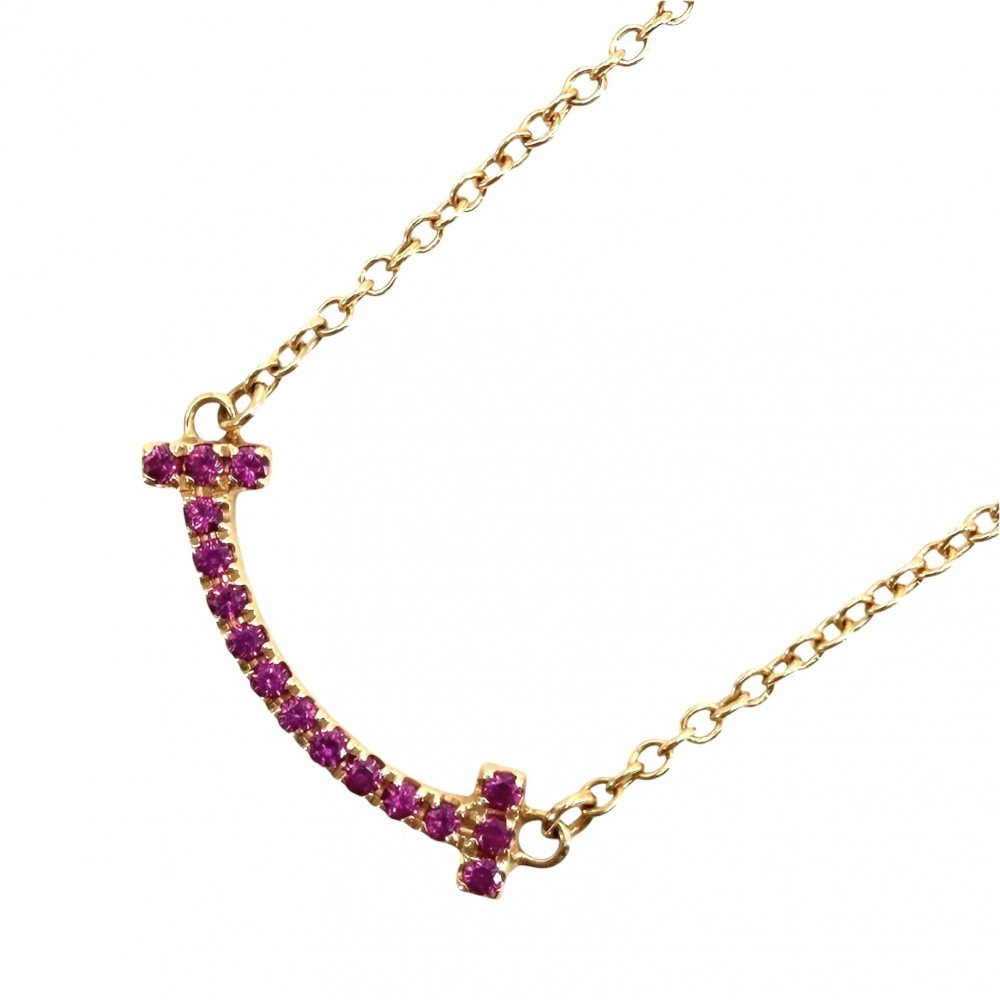 TIFFANY&Co. ティファニー ネックレス Tスマイル ミニペンダント ジュエリー アジャスター付き 18金PG Au750 アクセサリー K18ピンクゴールド ピンクサファイア ピンク レディース 約2.2g【中古品】