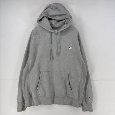 古着 チャンピオン Champion パーカー スウェット ロゴ 刺繍 リバースウィーブ プルオーバー ワンポイント XL グレー メンズ