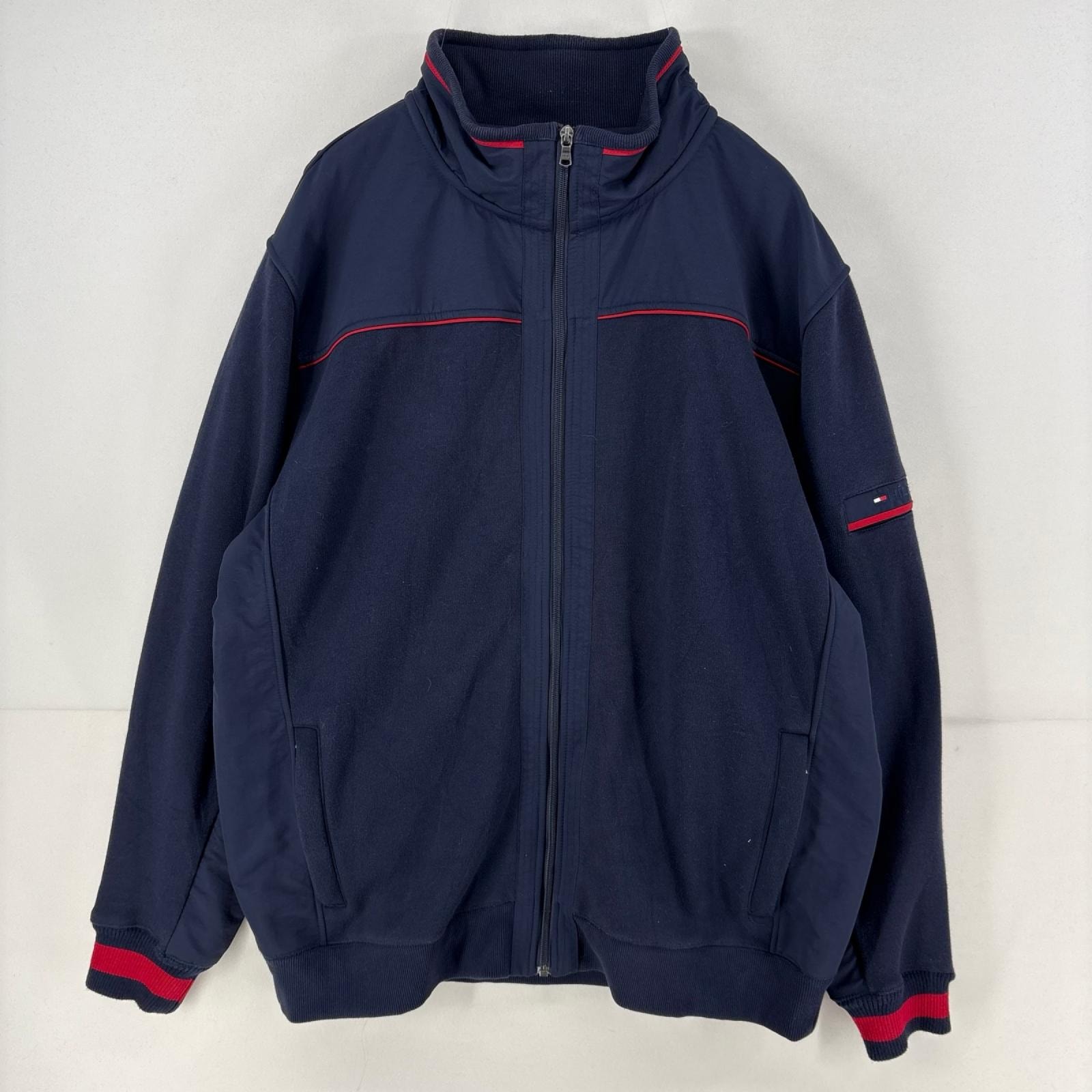 古着 トミーヒルフィガー TOMMY HILFIGER ジャケット フルジップ 刺繍 ナイロン ニット 襟ロゴ 大きいサイズ 2XL  ネイビー メンズ