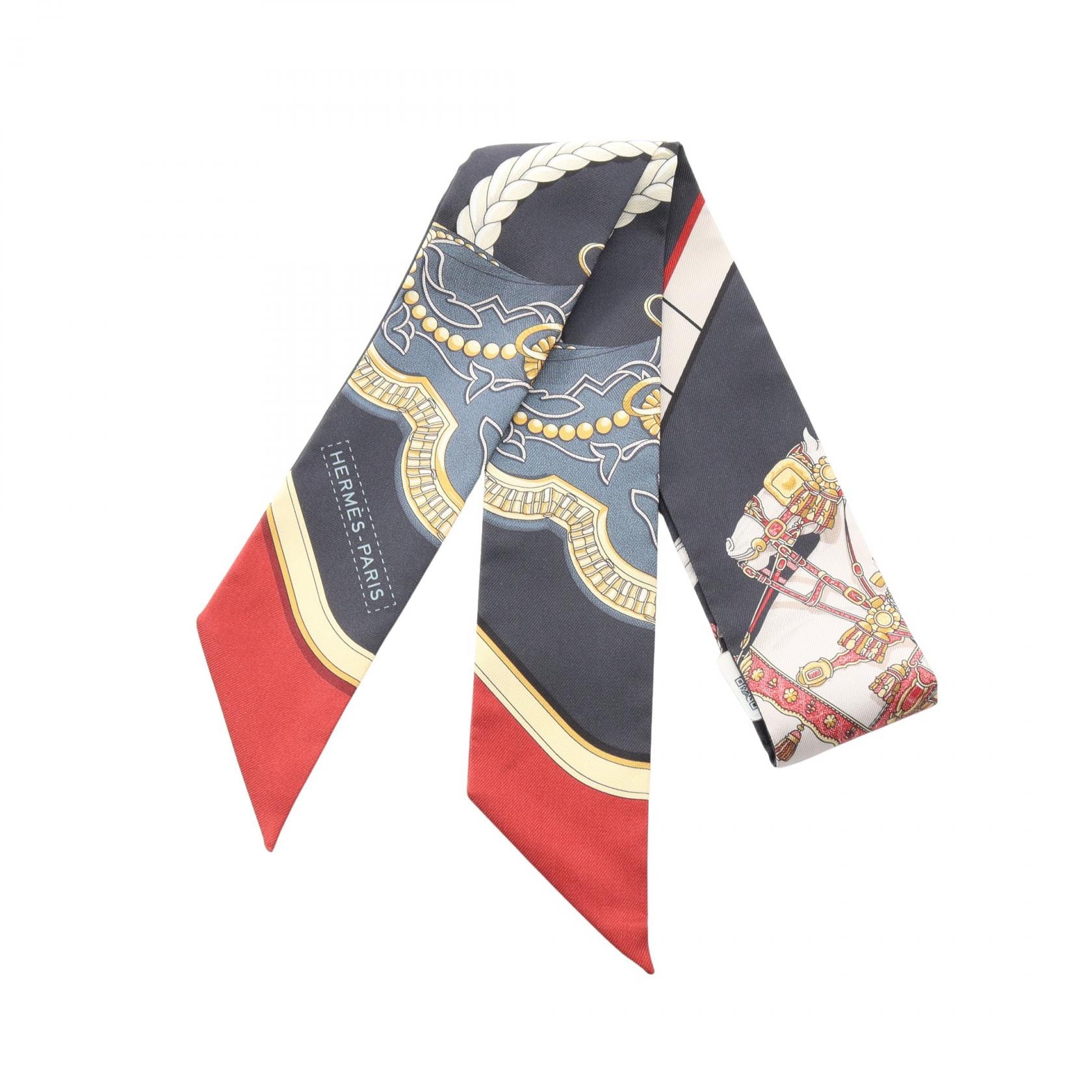 エルメス HERMES ツイリー GRAND APPARAT リボン スカーフ 衣料品 シルク シルク レディース ネイビー系 / イエロー系 / マルチカラー 【中古】