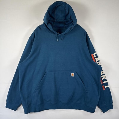 古着 カーハート Carhartt パーカー スウェット プルオーバー 袖ロゴ フーディ 大きいサイズ 14042 ブルー系 メンズ