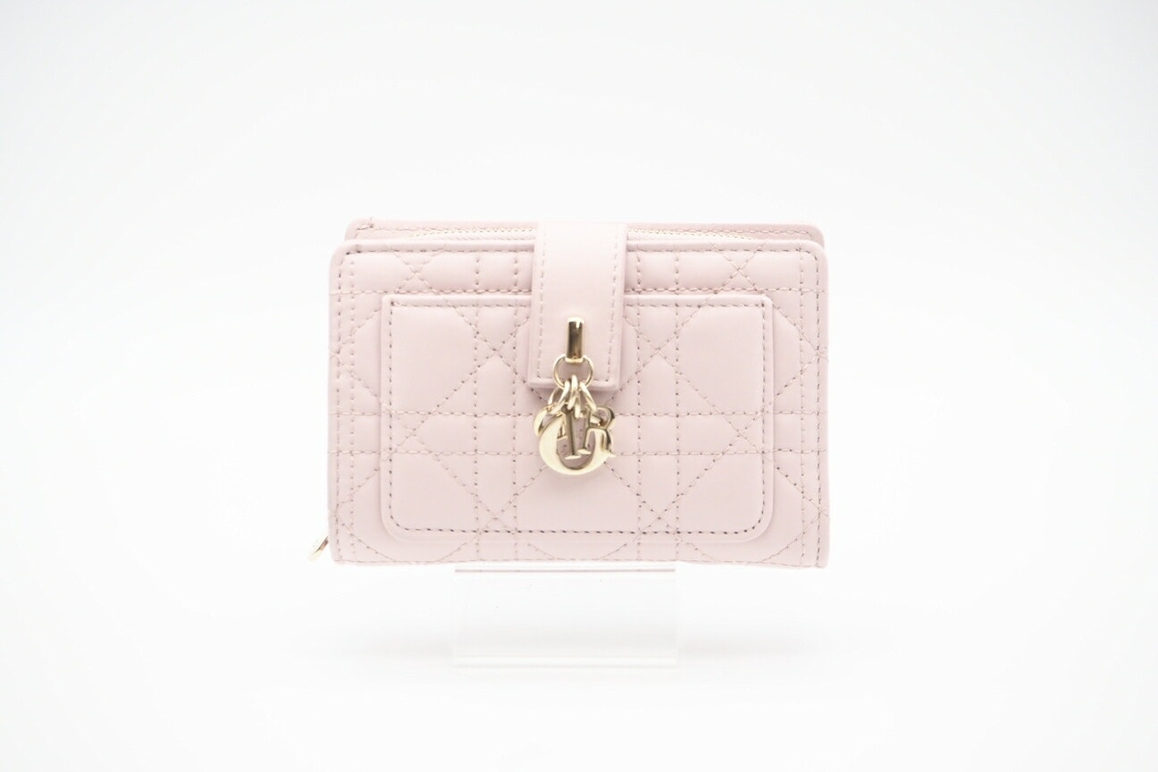美品 Dior ディオール カナージュ ラムスキン My Dior Dittany ウォレット S6022ONMJ_M05N 二つ折り財布 ピンク ラムスキン レディース