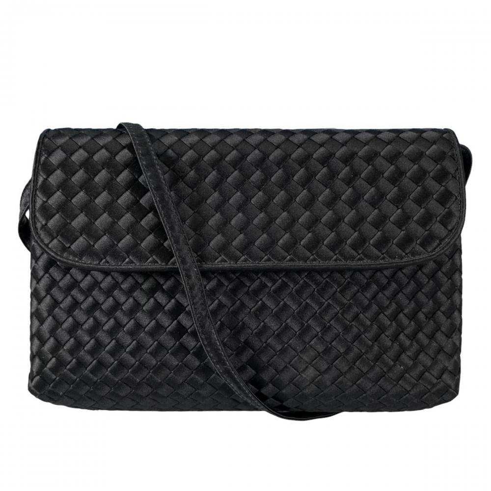 BOTTEGAVENETA ボッテガヴェネタ ショルダーバッグ イントレチャート サテン 斜め掛け シルク    ブラック 黒 ゴールド金具 レディース【中古品】