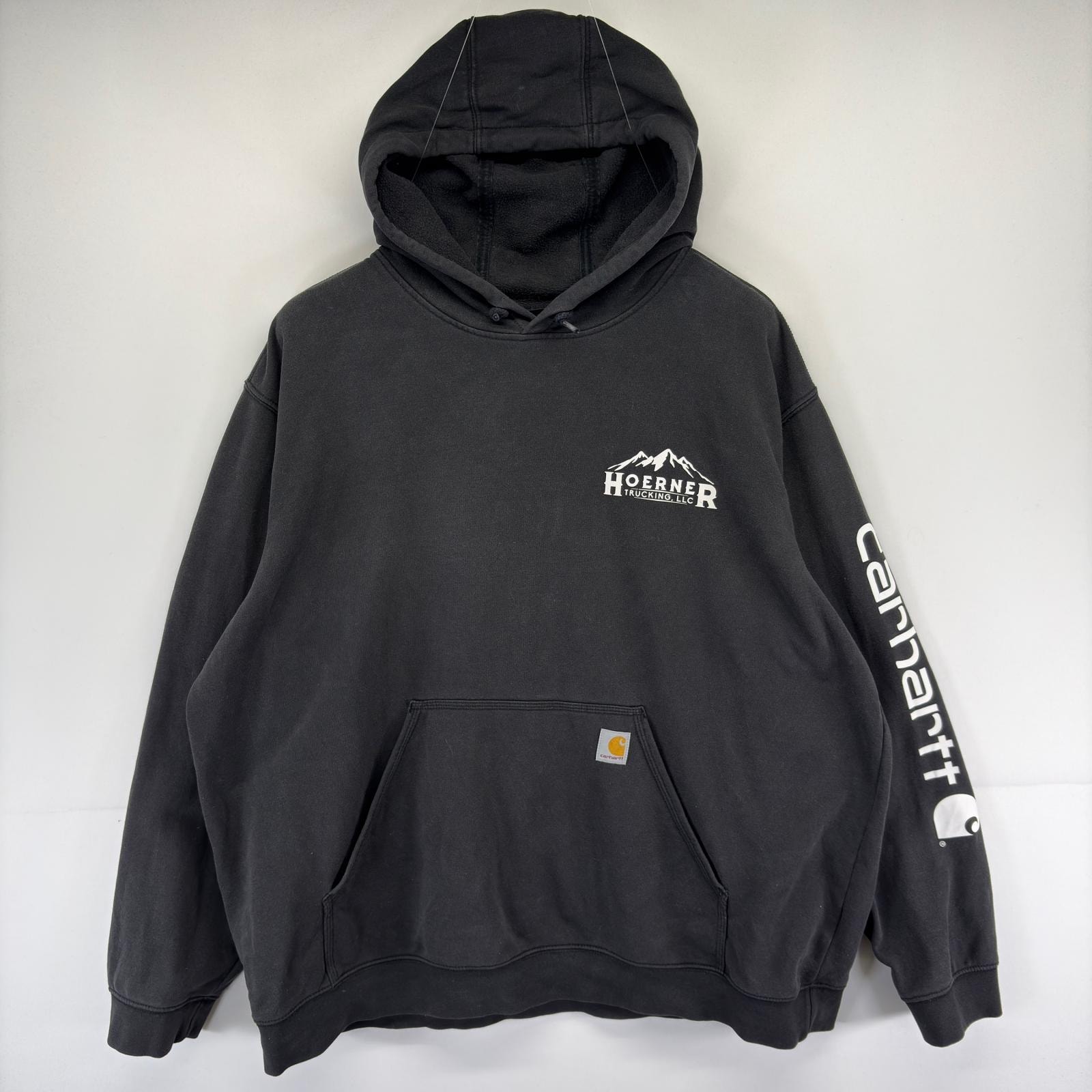 古着 カーハート Carhartt パーカー プルオーバー ワンポイント スウェット 大きいサイズ 2XL  ブラック系 プリント メンズ