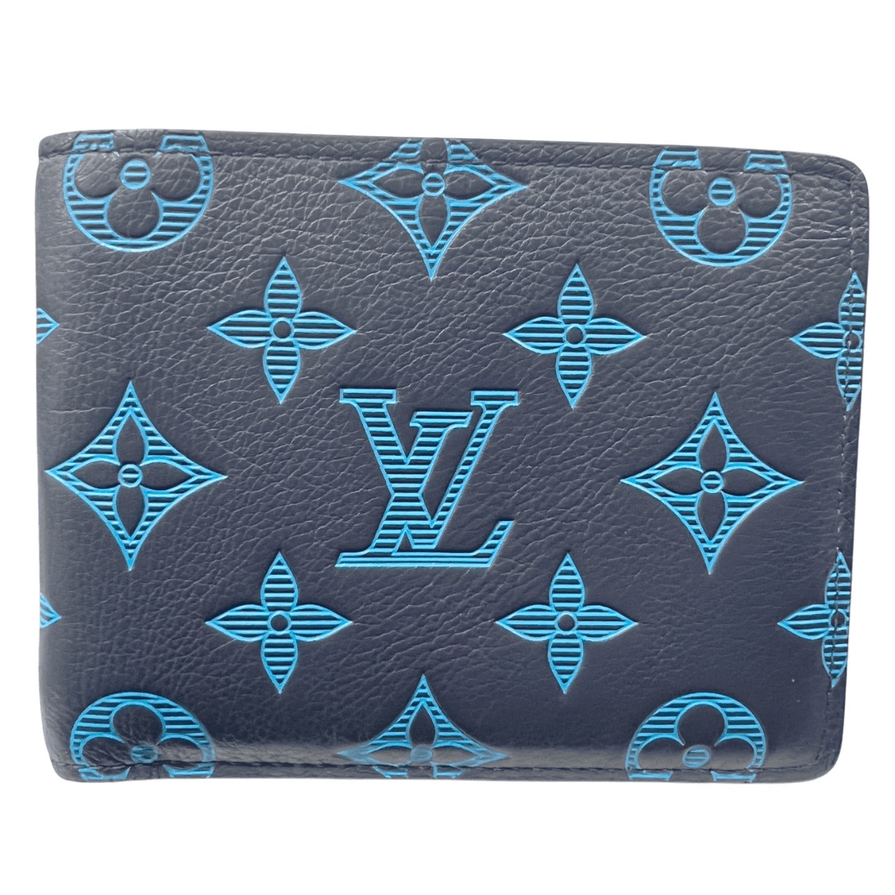 LOUIS VUITTON 美品 ルイヴィトン ポルトフォイユ ミュルティプル モノグラムシャドウ 二つ折り財布 レザー RFID確認済 ブルー コンパクト ミニ財布 札入れ カードケース ABランク 中古 鑑定済