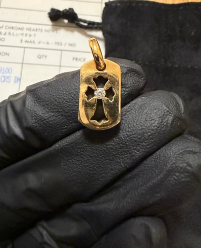 Chrome Hearts 22K Dog Tag Tiny Cut Out Cross with Diamond "Yellow Gold"