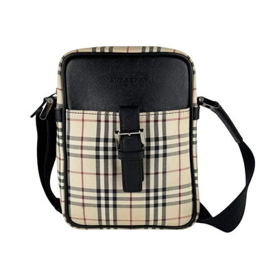 バーバリー BURBERRY 斜め掛けショルダーバッグ キャンバス/レザー ベージュ/ブラック シルバー レディース【中古】 z10523