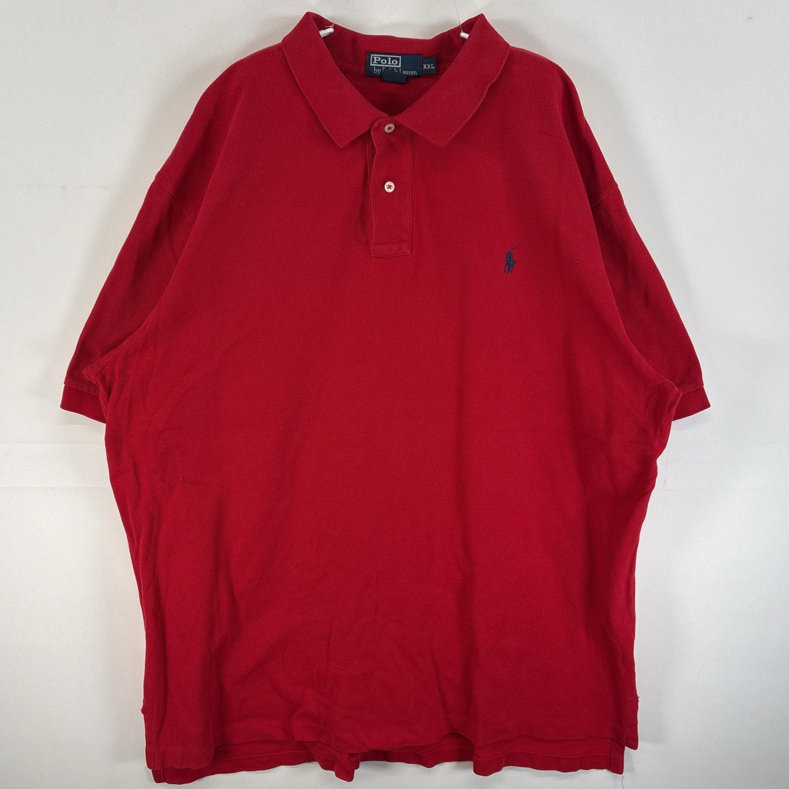 古着 90's/90年代 ポロバイラルフローレン Polo by Ralph Lauren 鹿の子 半袖 ポロシャツ ワンポイント ロゴ 刺繍 大きいサイズ 2ボタン 14041  レッド 無地 メンズ