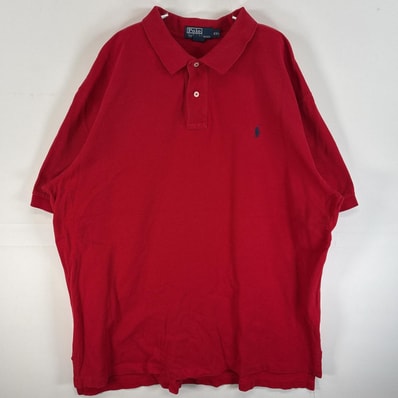 古着 90's/90年代 ポロバイラルフローレン Polo by Ralph Lauren 鹿の子 半袖 ポロシャツ ワンポイント ロゴ 刺繍 大きいサイズ 2ボタン 14041 レッド 無地 メンズ