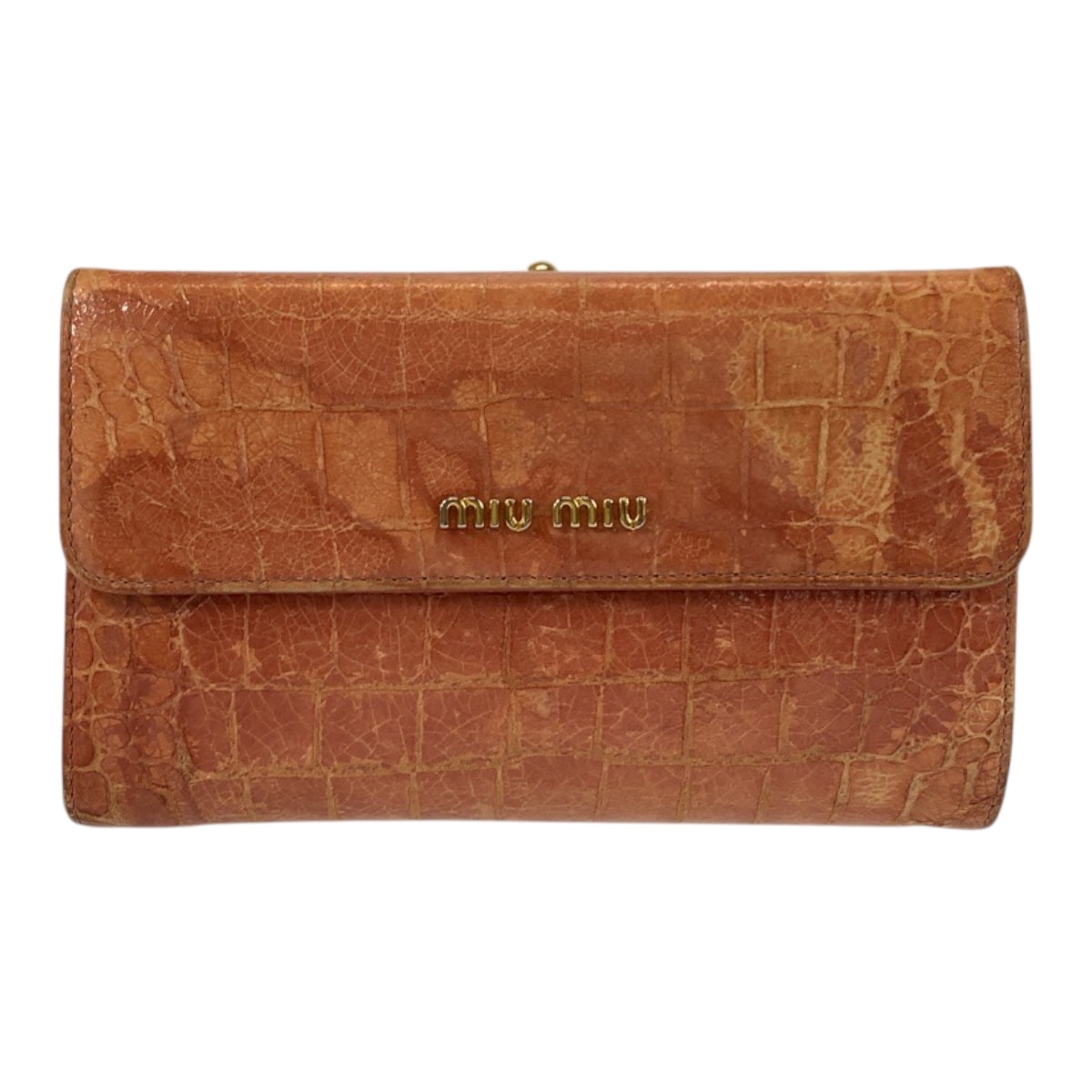 MIUMIU ミュウミュウ 型押し ピンクベージュ ゴールド金具 レザー 折財布 コンパクトウォレット 600580 【中古】