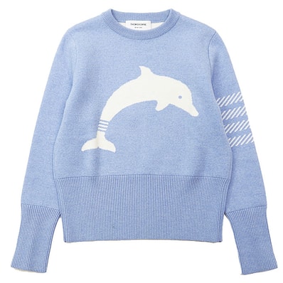 THOM BROWNE トムブラウン セーター 4BAR ストライプ ドルフィン イルカ インターシャ 天竺編み プレーン ストレッチ ニット プルオーバー クルーネック ロングスリーブ 丸首 長袖 トップス レディース 36 サックスブルー 白 イタリア製