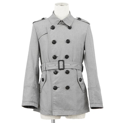 SALE【美品】BURBERRY BLACK LABEL バーバリーブラックレーベル トレンチコート サイズ M メンズ ロゴボタン ストレッチ ショート 短丈 アウター ベルト付属 グレー 灰色 D1F50-651-07
