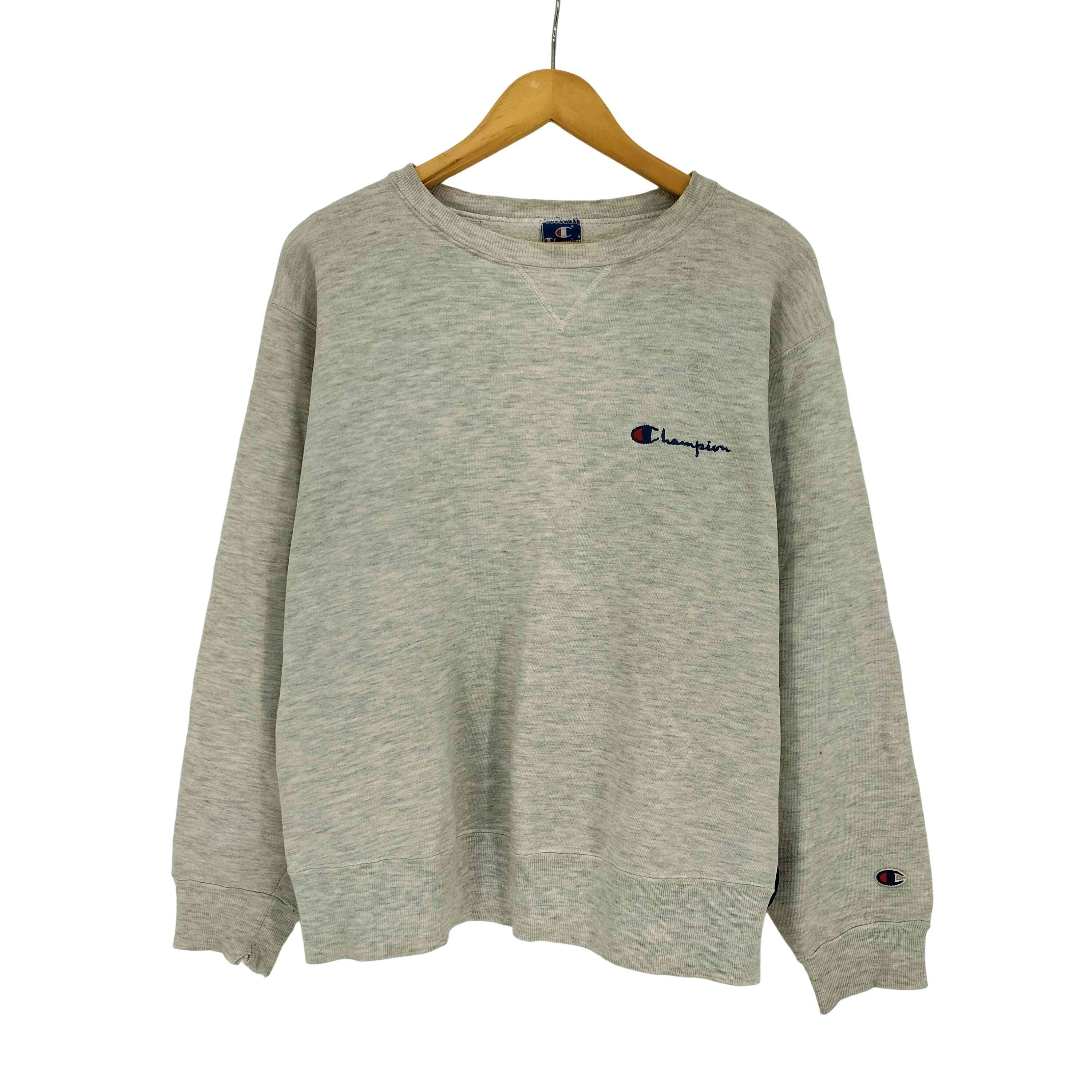 90s USA製 青タグ ロゴ刺繍 霜降り 前V クルーネックスウェット ボックスシルエット【1141990289705】