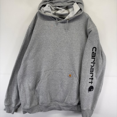 古着 カーハート Carhartt パーカー スリーブロゴ プリント スウェット ワンポイント 大きいサイズ 2XL グレー メンズ