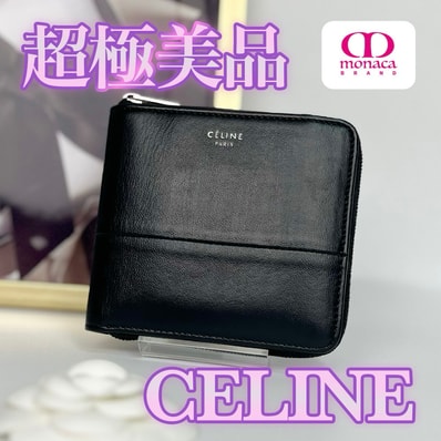 超極美品 CELINE ラウンドファスナー コンパクトウォレット 二つ折り財布 ブラック レディース メンズ
