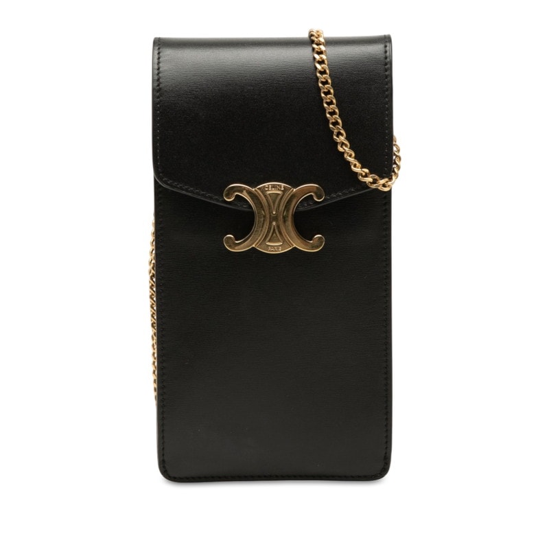 セリーヌ トリオンフ 斜め掛け チェーン フォンポーチ フォンホルダー ショルダー ブラック レザー レディース CELINE 【中古】