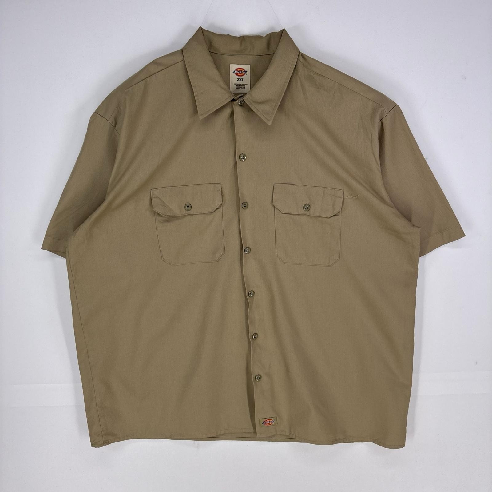 古着 ディッキーズ Dickies 半袖シャツ ワーク 胸ポケット ショートスリーブ ワンポイントロゴ 2XL  ベージュ系 無地 メンズ