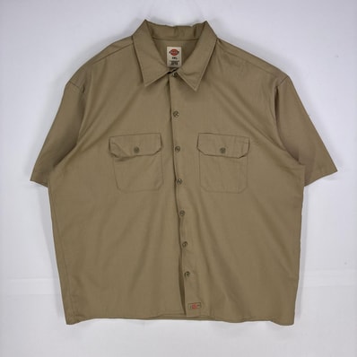 古着 ディッキーズ Dickies 半袖シャツ ワーク 胸ポケット ショートスリーブ ワンポイントロゴ 2XL ベージュ系 無地 メンズ