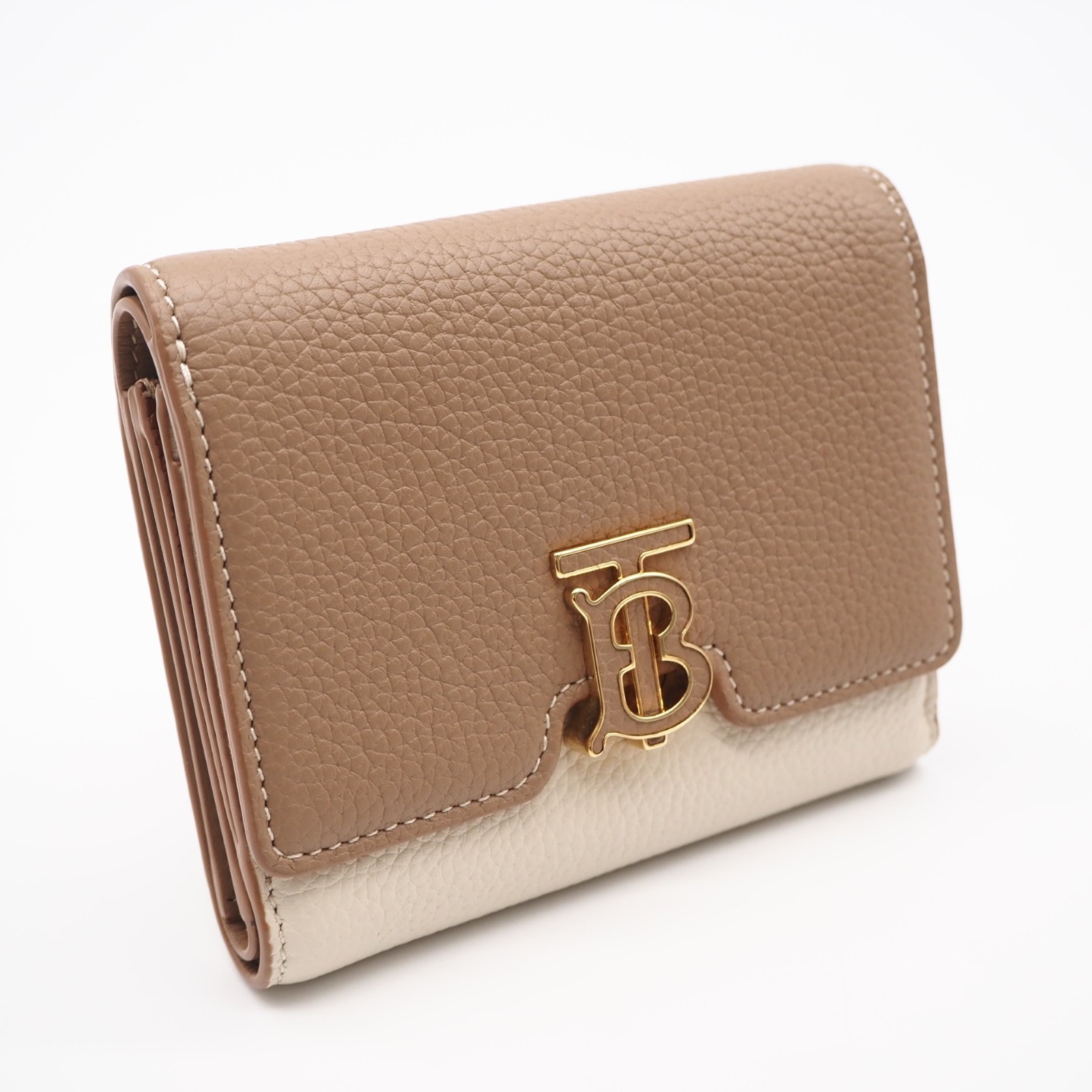 美品 BURBERRY バーバリー TB コンパクトウォレット キャメル ベージュ ウォームタン 8059623 三つ折り財布 ベージュ クリーム カーフレザー レディース