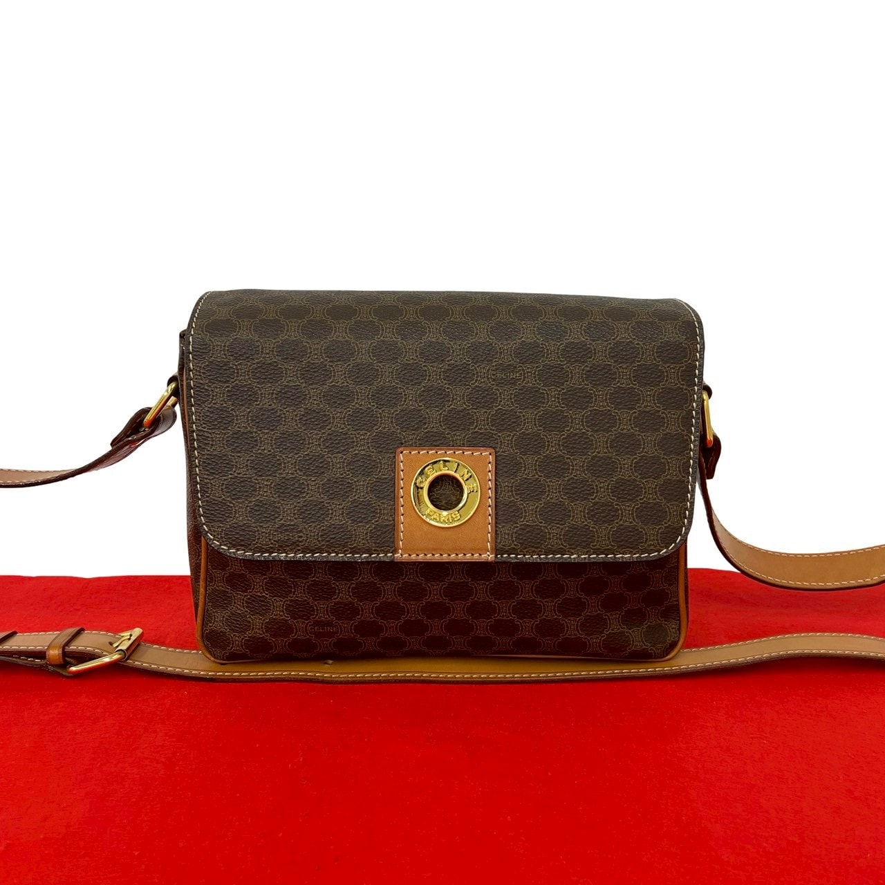 CELINE セリーヌ マカダム ブラゾン トリオンフ サークル ロゴ 金具 レザー PVC ショルダーバッグ ブラウン
 28447