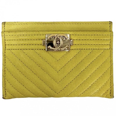 CHANEL シャネル カードケース Vステッチ ボーイシャネル ココマーク キャビアスキン イエロー ゴールド金具 レディース【中古品】