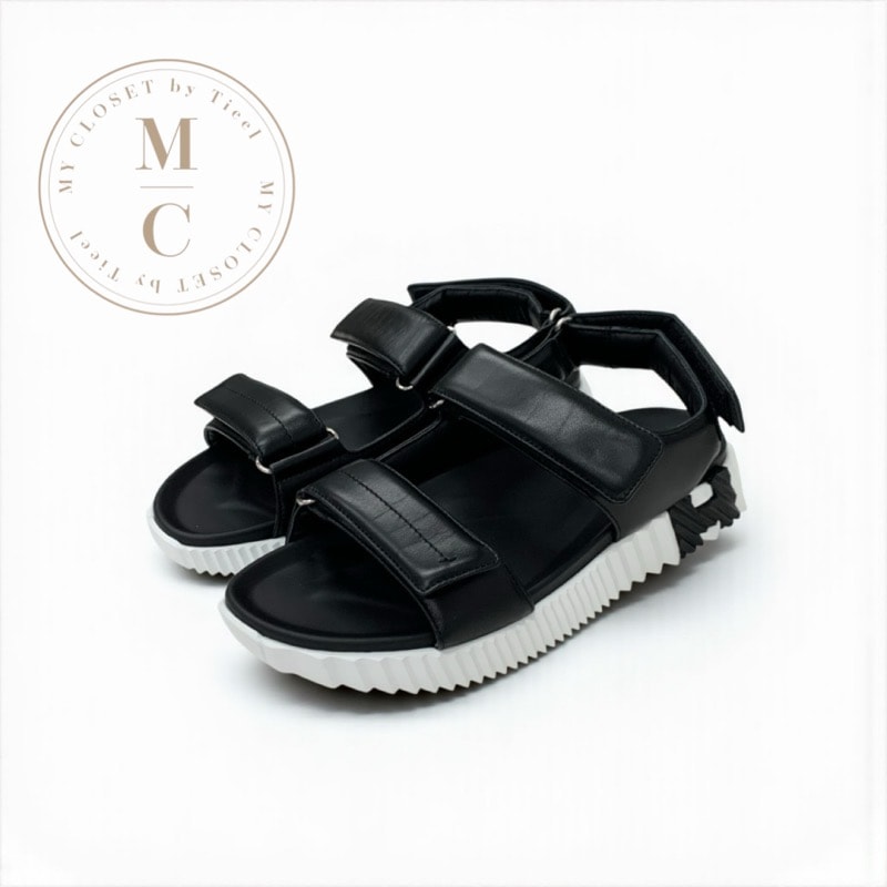 エルメス HERMES ジュニア サンダル 靴 シューズ レザー ブラック ホワイト ロゴ ベルクロ メンズ