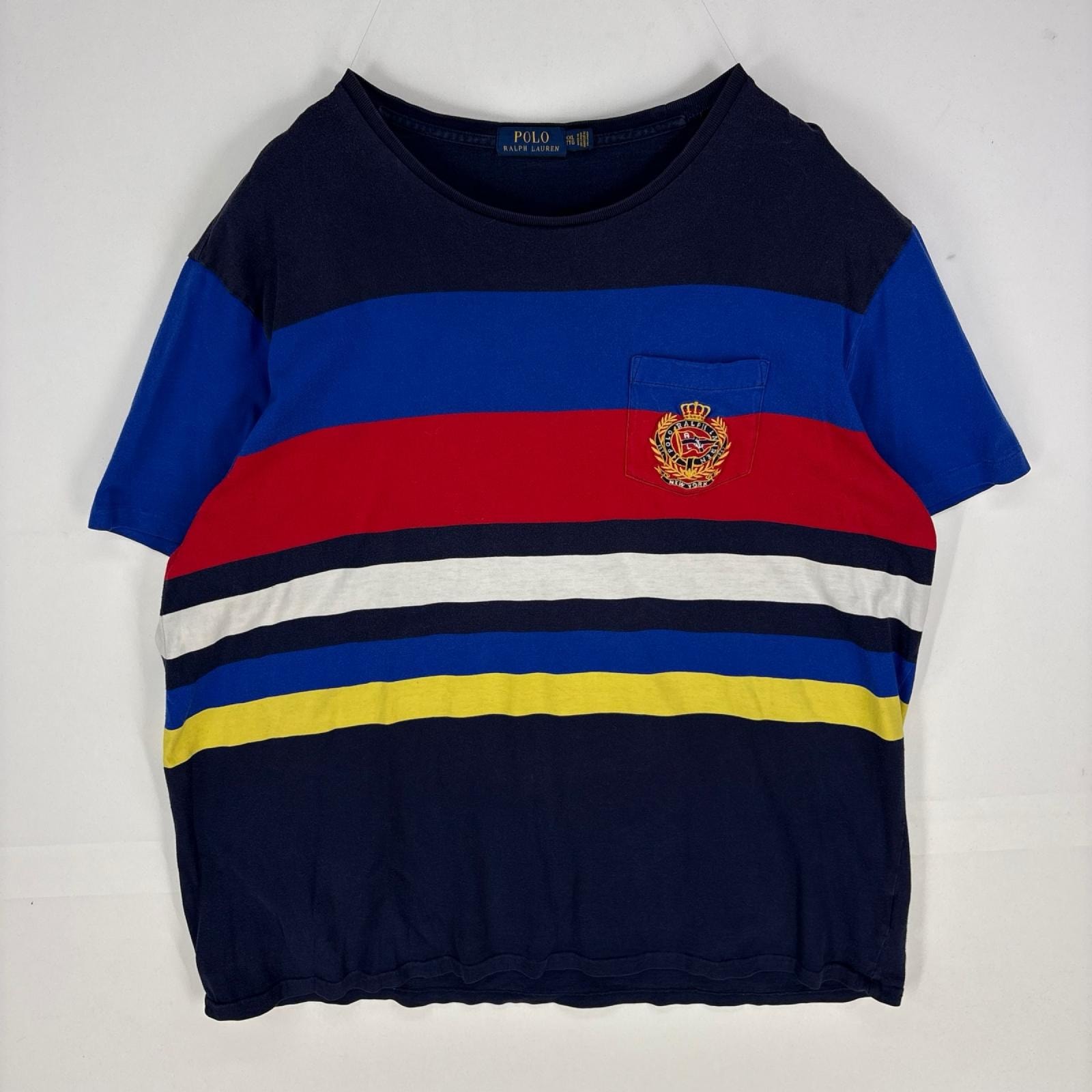 古着 ポロ・ラルフローレン POLO RALPH LAUREN 半袖Tシャツ 胸ポケット カレッジ 刺繍 2XL  ネイビー系 ボーダー メンズ