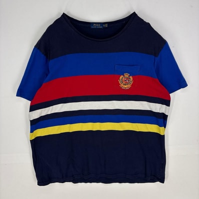 古着 ポロ・ラルフローレン POLO RALPH LAUREN 半袖Tシャツ 胸ポケット カレッジ 刺繍 2XL ネイビー系 ボーダー メンズ