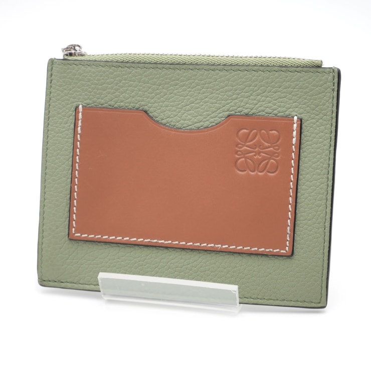 LOEWE(ロエベ)コインカードホルダー カードケース コインケース ローズマリー×タン ソフトグレインカーフスキン シルバー金具 C660Z40X04【中古】