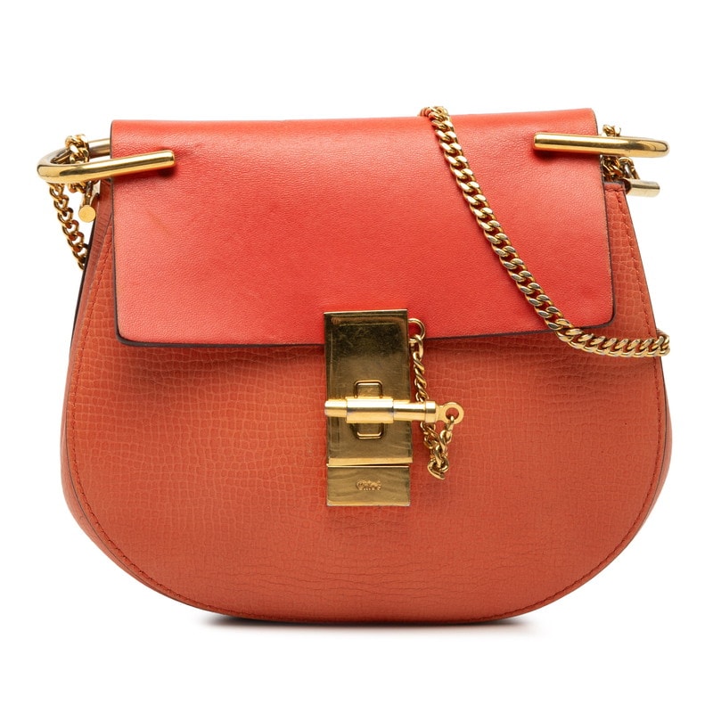 クロエ ドリュー 斜め掛け チェーン ショルダーバッグ オレンジ系 ゴールド レザー メッキ レディース Chloe 【中古】
