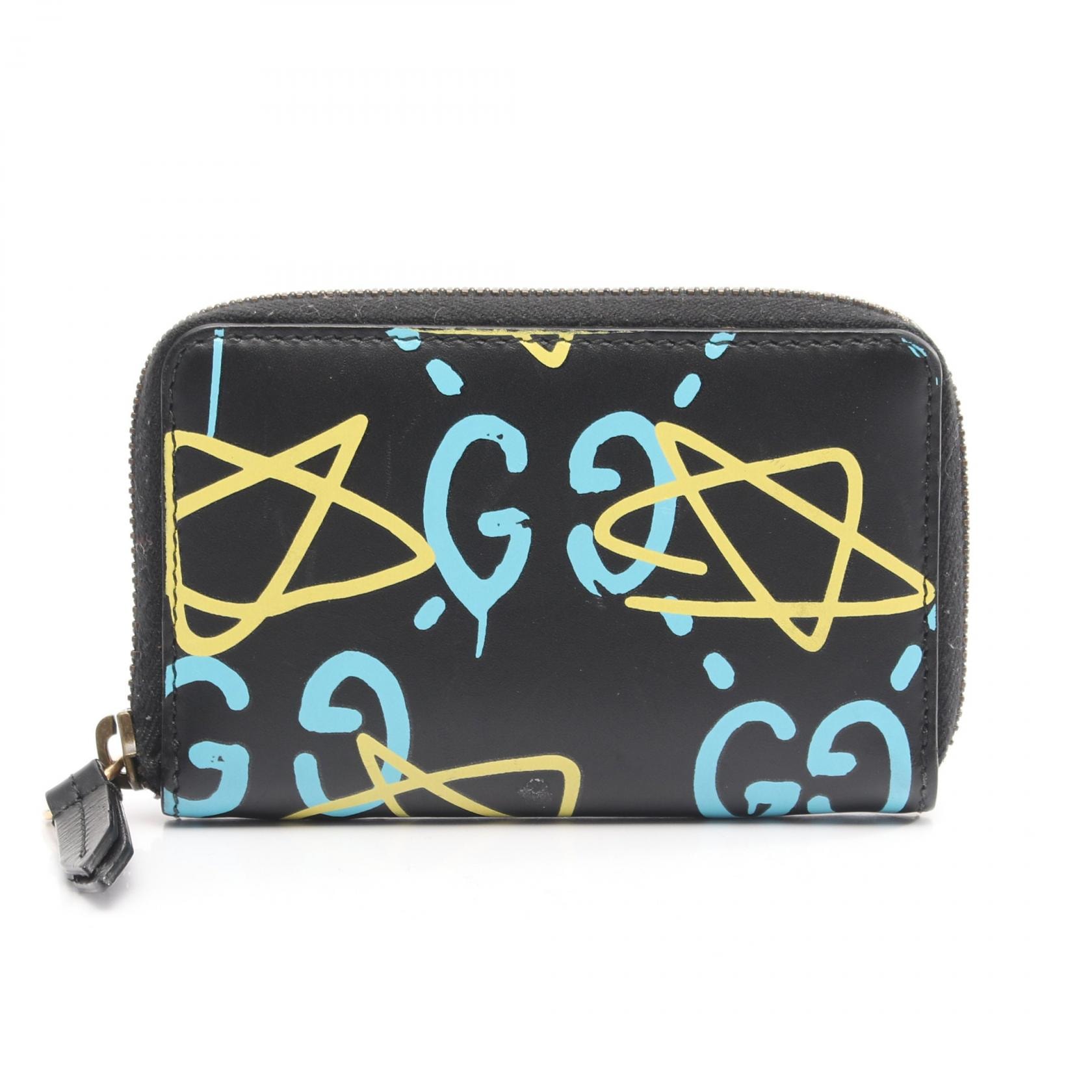 グッチ GUCCI ゴースト カードケース コインケース 財布 レザー レディース ブラック系 / ブルー系 / イエロー系 448465 【中古】