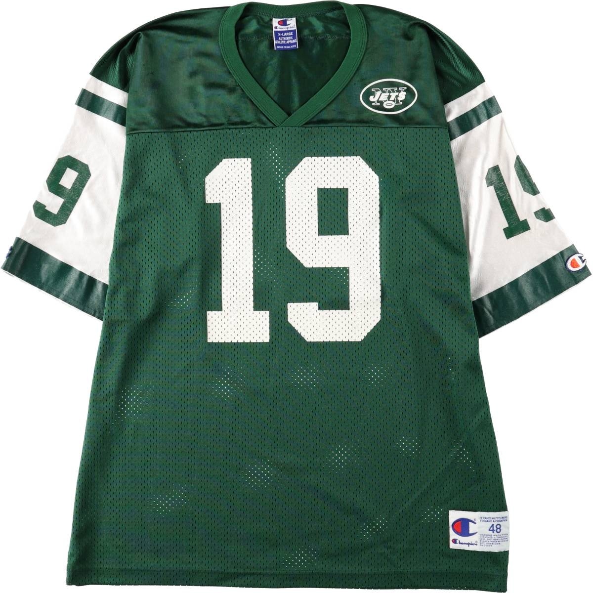 古着 90年代 チャンピオン Champion NFL NEW YORK JETS ニューヨークジェッツ 七分袖 メッシュ Vネック ゲームシャツ フットボールシャツ メンズXL相当/eaa662621