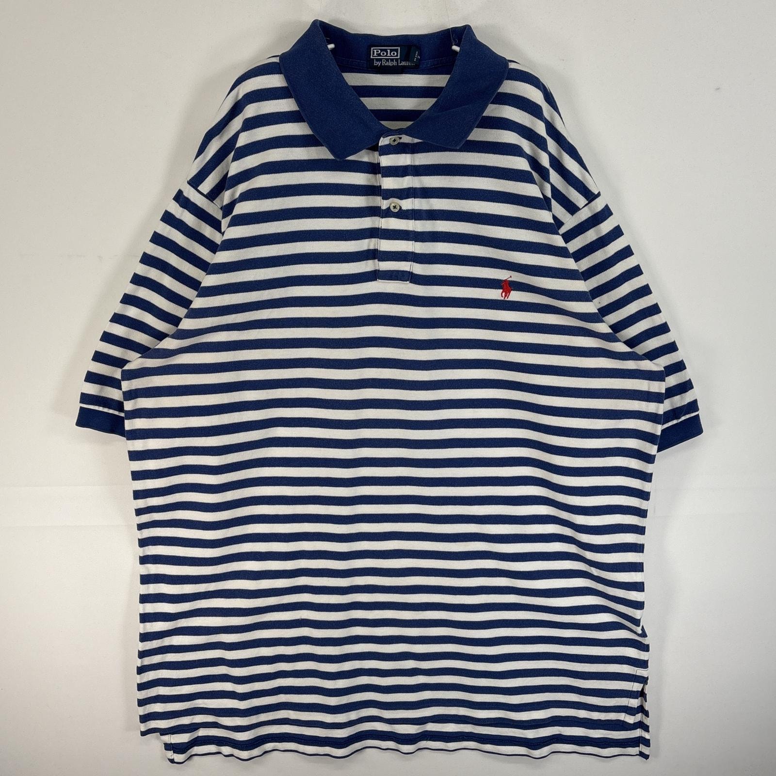 古着 90's/90年代 ポロバイラルフローレン Polo by Ralph Lauren 鹿の子 半袖 ポロシャツ ロゴ 刺繍 2ボタン 大きいサイズ 2XLT  ブルー系 ボーダー メンズ
