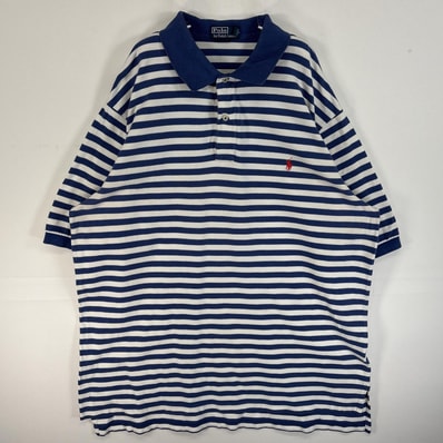 古着 90's/90年代 ポロバイラルフローレン Polo by Ralph Lauren 鹿の子 半袖 ポロシャツ ロゴ 刺繍 2ボタン 大きいサイズ 2XLT ブルー系 ボーダー メンズ