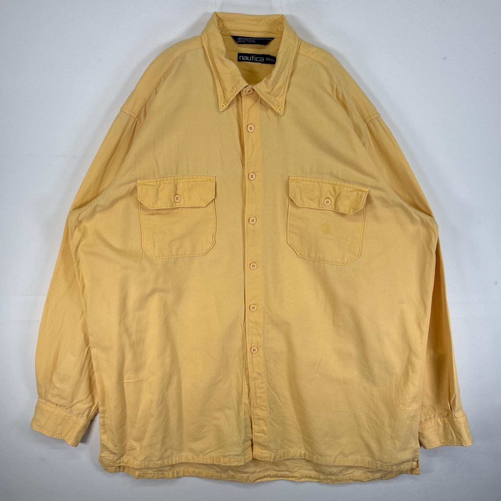 古着 90's/90年代 ノーティカ NAUTICA 長袖シャツ 旧車ロゴ 刺繍 大きいサイズ 肉厚 フラップポケ 14041  イエロー 無地 メンズ
