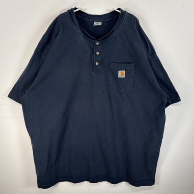 古着 カーハート Carhartt 半袖Tシャツ 肉厚 大きいサイズ ヘンリーネック ワンポイント ロゴ 3XL TALL ネイビー 無地 メンズ