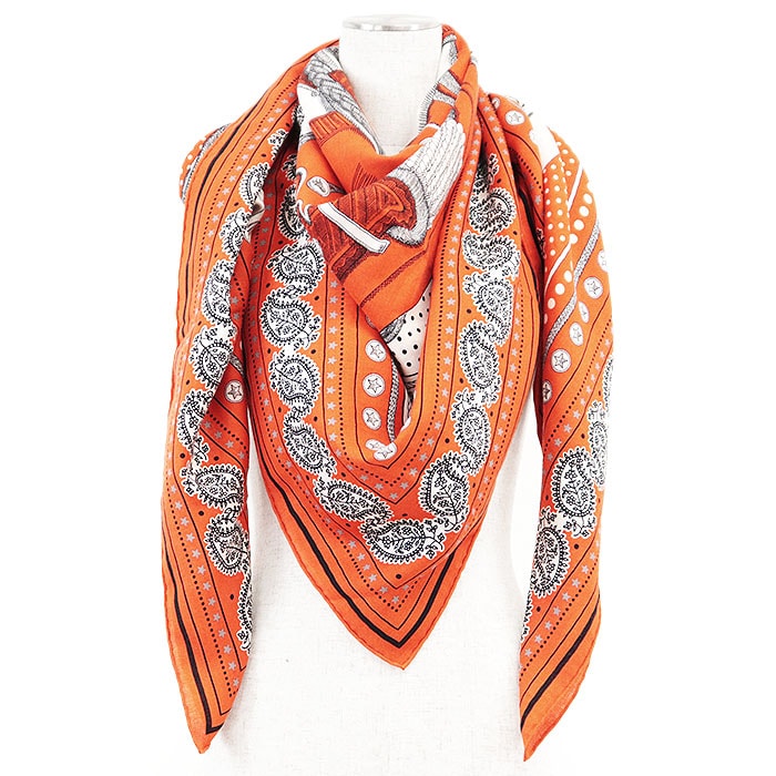 【新品同様】 エルメス カレジェアン140 ズアヴとドラゴン スカーフ ユニセックス オレンジ HERMES