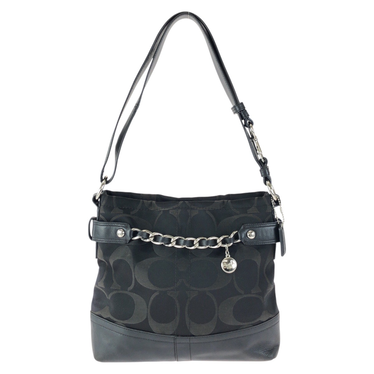 美品 COACH コーチ シグネチャー サテン チェーン ダッフル ブラック 黒 シルバー金具 キャンバス レザー/ ショルダーバッグ 601978 【中古】