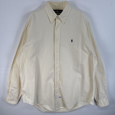 古着 90's/90年代 ラルフローレン RALPH LAUREN 長袖シャツ ロゴ 刺繍 オックスフォードシャツ 厚手 XL イエロー 無地 メンズ