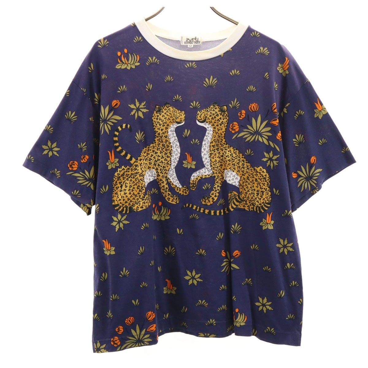 HERMES エルメス イタリア製 ヒョウ 半袖 Tシャツ M ネイビー