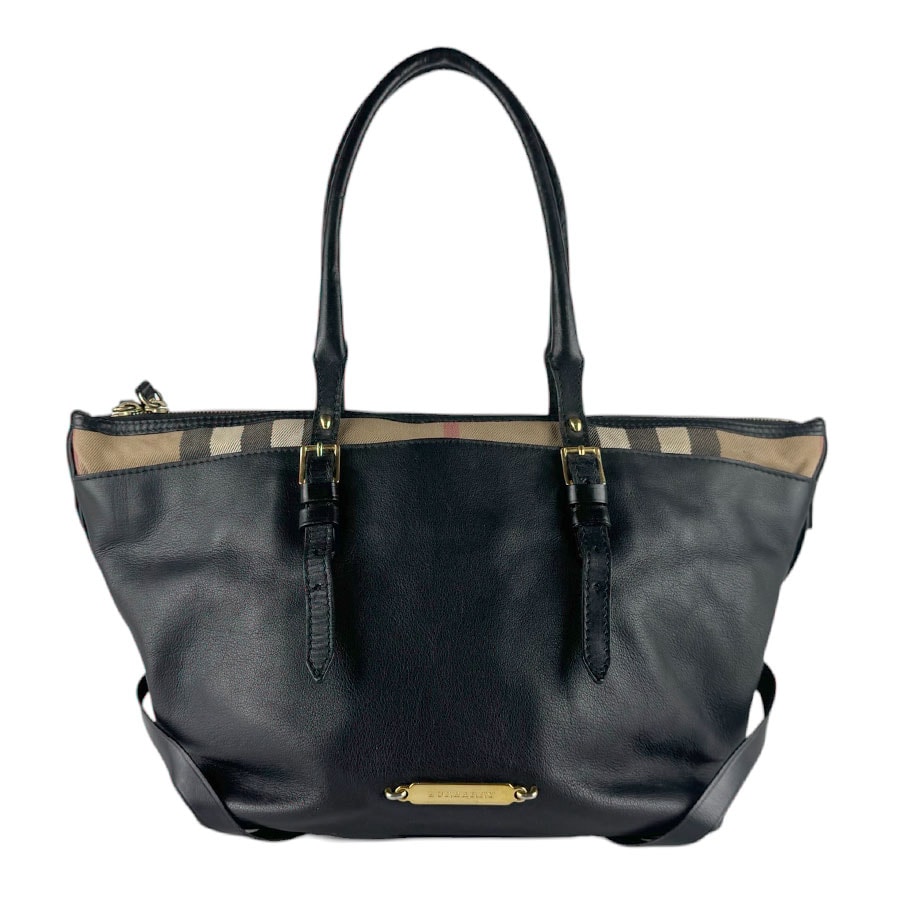 バーバリー BURBERRY トートバッグ レザー/キャンバス ブラック/ブラウン ゴールド レディース【中古】 z9236