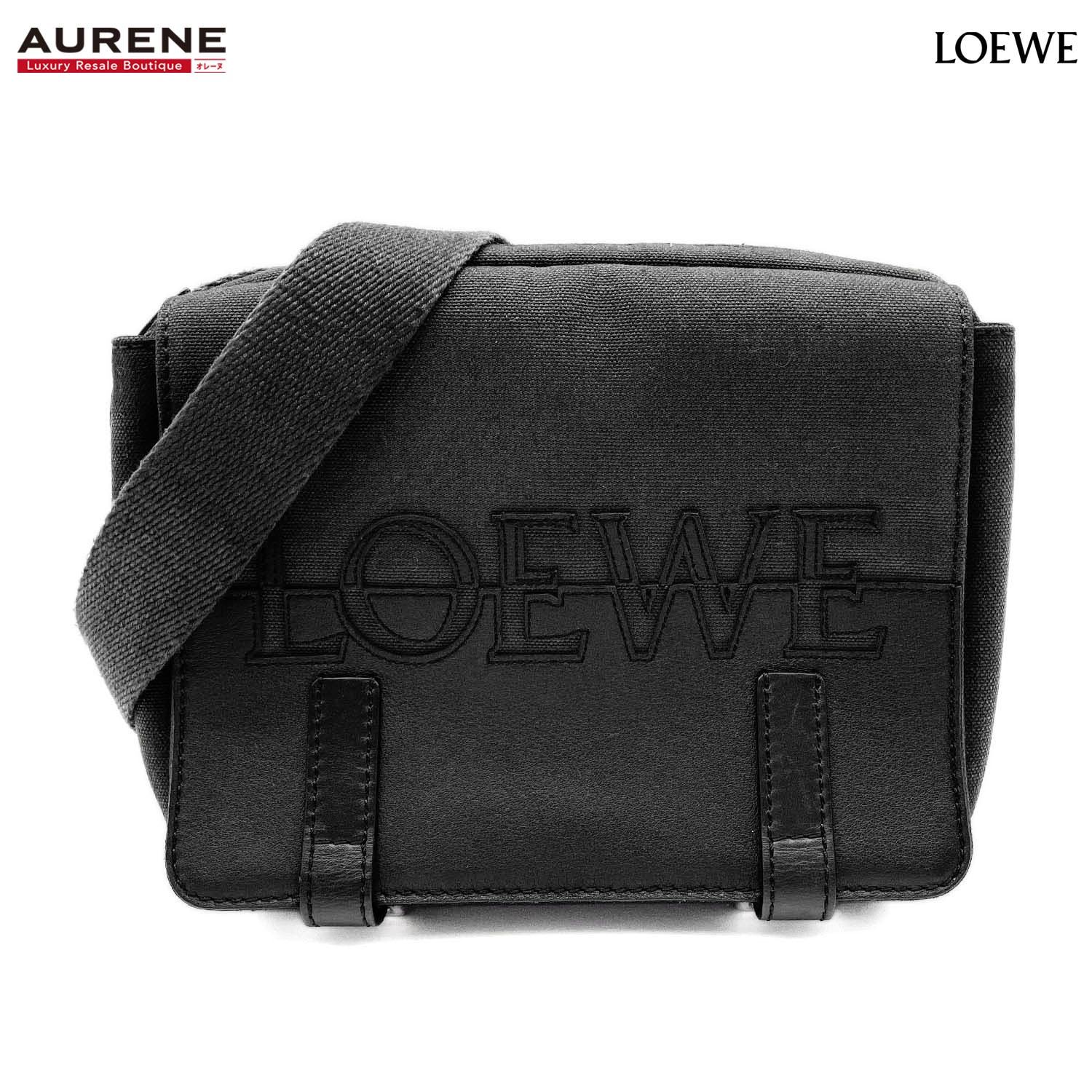 LOEWE ロエベ メッセンジャーバッグ ロゴ XS キャンバス レザー ブラック ユニセックス 【中古】