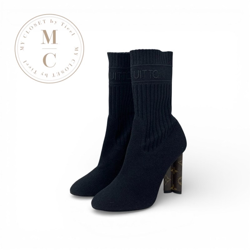 ルイヴィトン LOUIS VUITTON シルエットライン ブーツ ショートブーツ 靴 シューズ ファブリック レザー ブラック ブラウン アンクルブーツ ニット ソックスブーツ