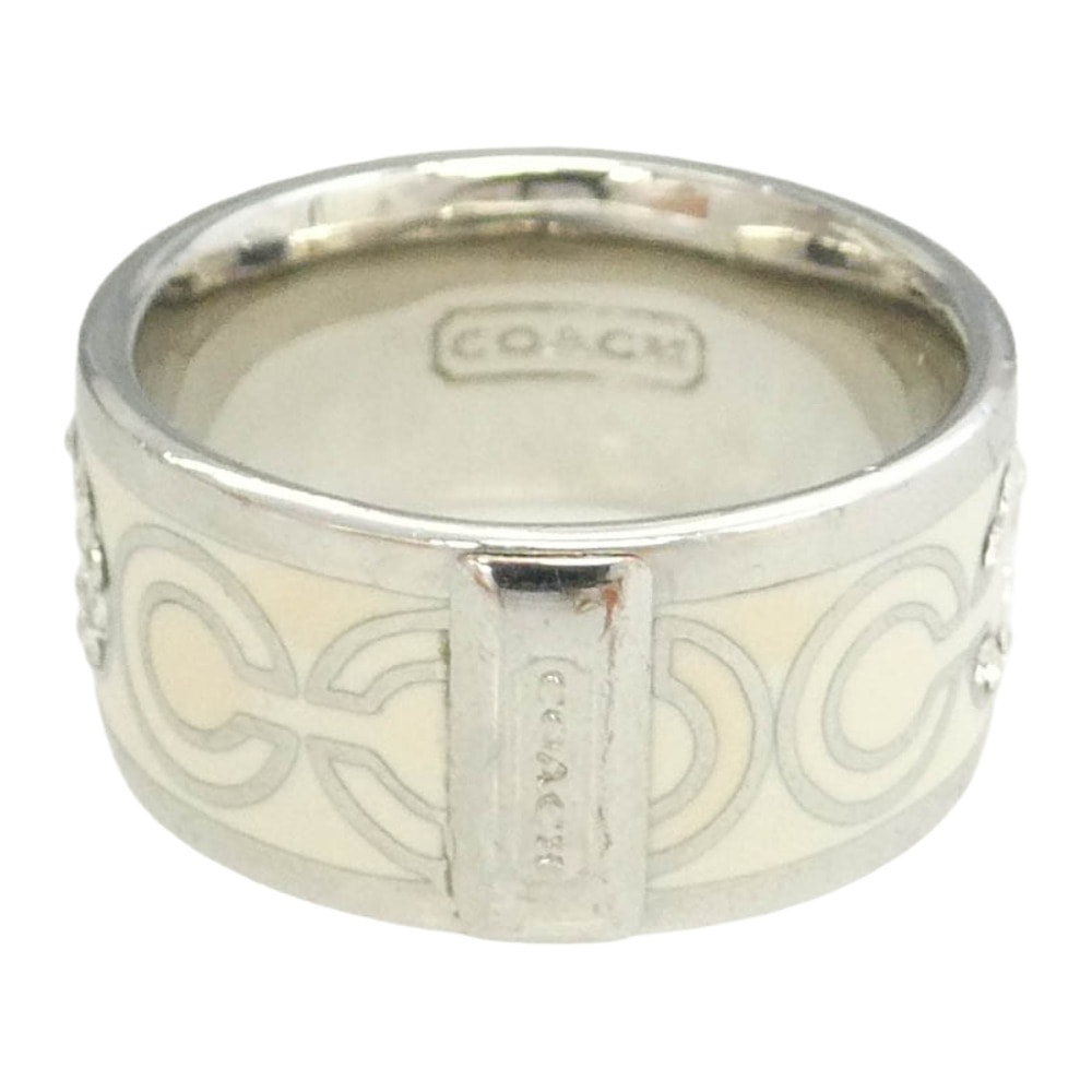 COACH コーチ Cロゴ ラインストーン リング シルバー系 アイボリー系 14号【中古】