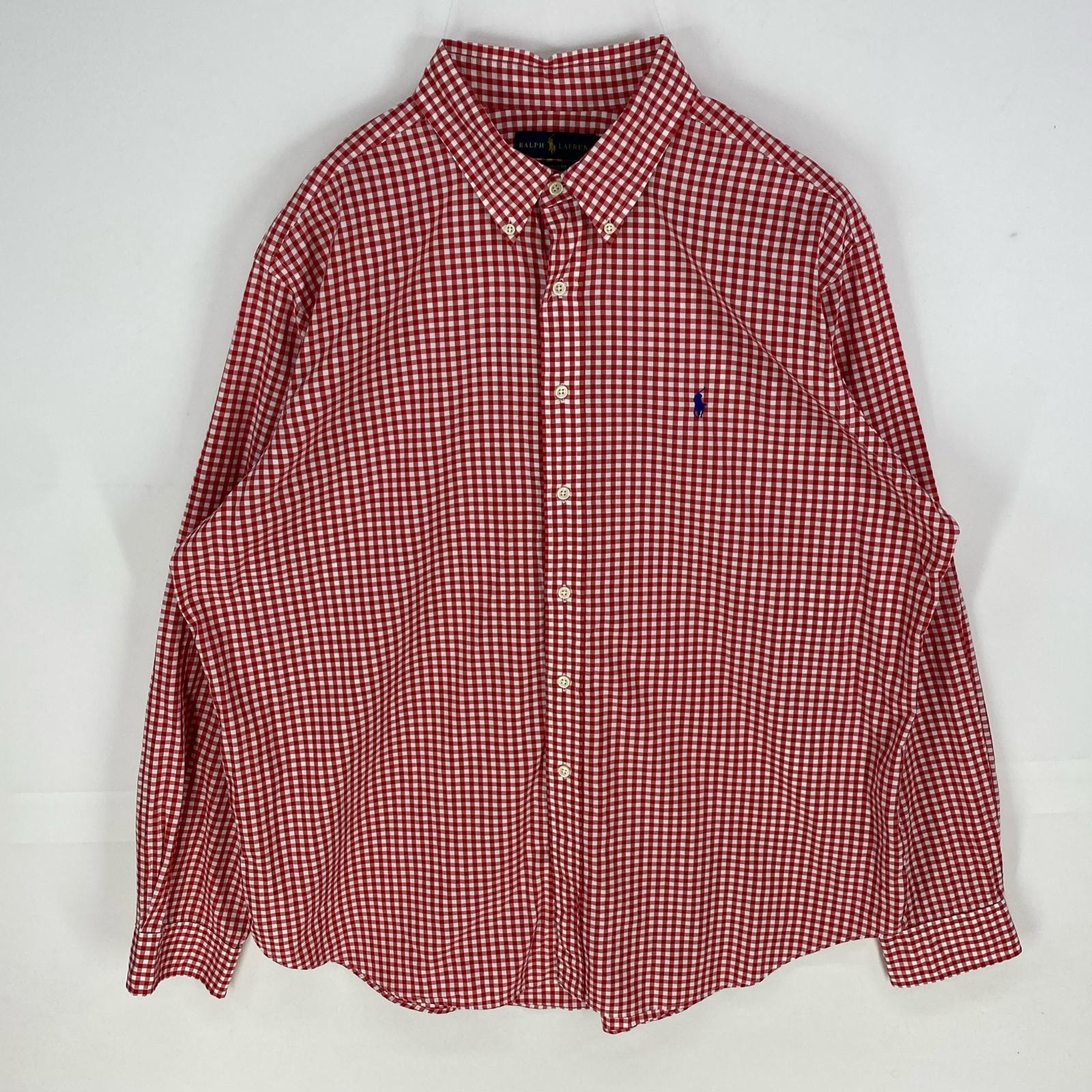古着 ラルフローレン RALPH LAUREN 長袖シャツ ボタンダウン 刺繍ロゴ ワンポイント ロングスリーブ 2XL レッド系 チェック メンズ