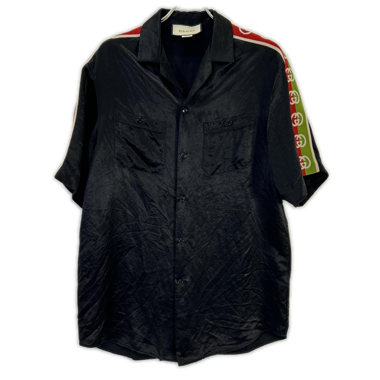 グッチ 619025 ブラック TAPED LOGO SILK VACATION SHIRT 44