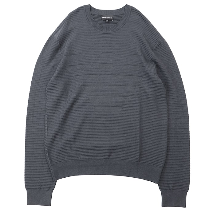 【美品】 アルマーニ ロゴ ジャガード ボーダー ニット メンズ チャコールグレー XXL ARMANI