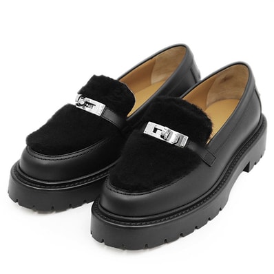 【新品同様】HERMES エルメス ローファー モカシン アイコン ケリーバックル ムートンボア レザー チャンキーソール 厚底 シューズ 靴 箱・袋付属 レディース サイズ 36 1/2 ブラック 黒 イタリア製