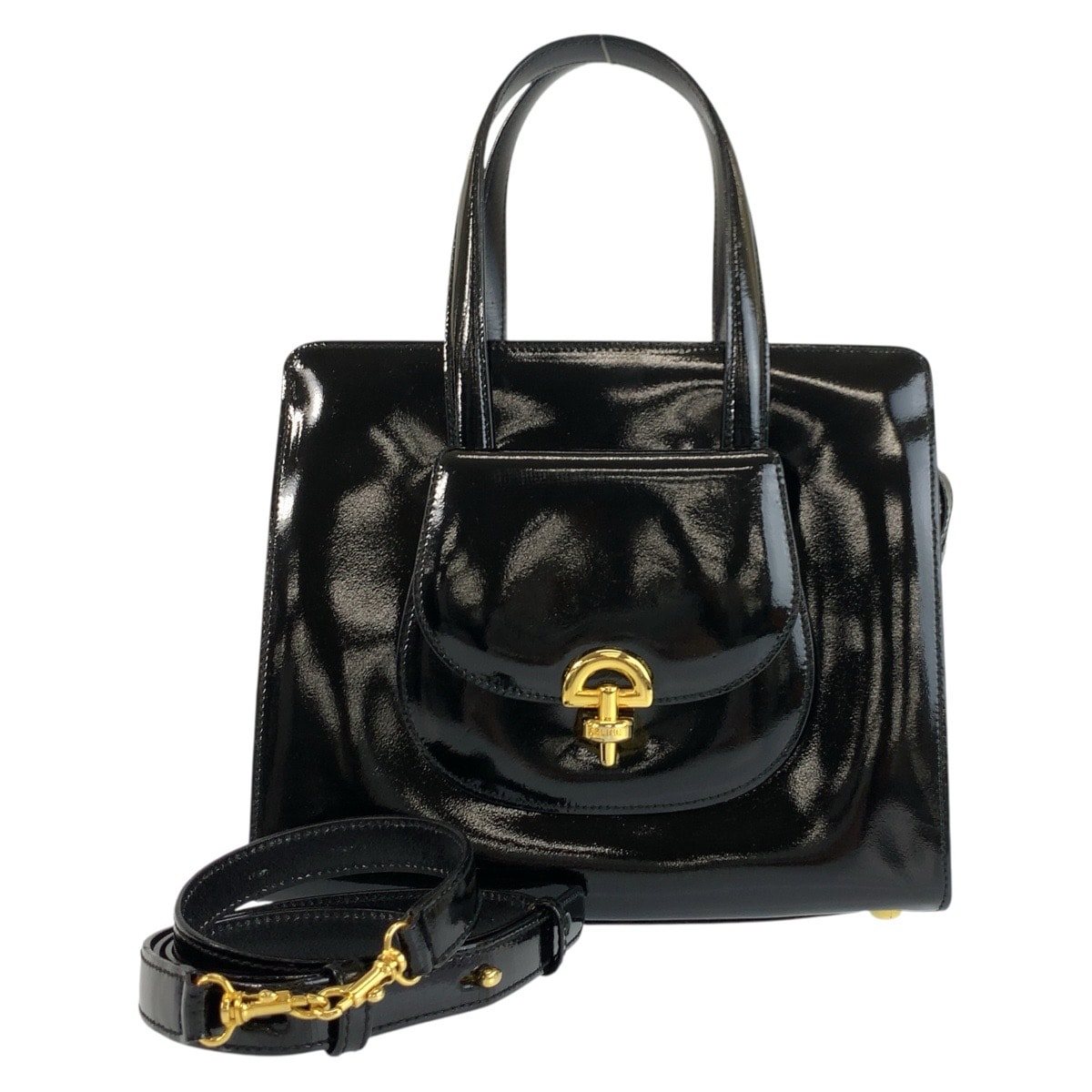 美品 CELINE セリーヌ ヴィンテージ ブラック 黒 ゴールド金具 パテントレザー ハンドバッグ ショルダーバッグ 2way 602321 【中古】